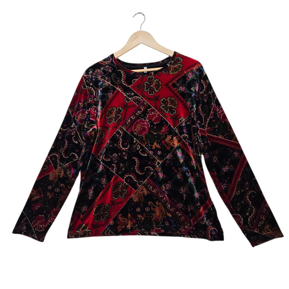 White Stag Vintage 90s Velvet Patchwork Top XL Floral Grunge Dark Romantic